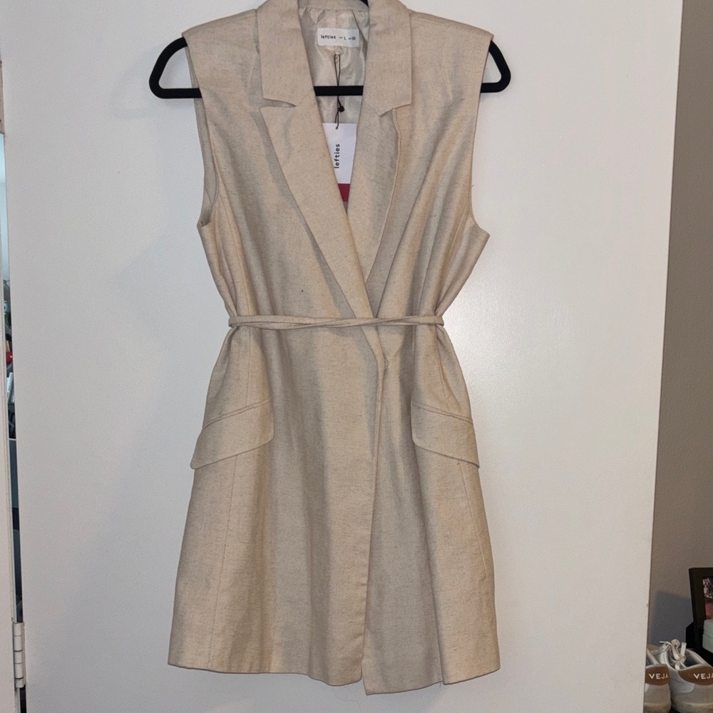 Lefties Beige Sleeveless Cotton/Linen Vest Dress
